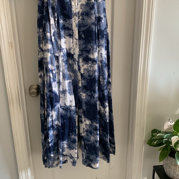 Venus Navy Blue & White Tie‎ Dye Button Front Maxi Dress sz 4 pleated tie waist - Picture 2 of 11